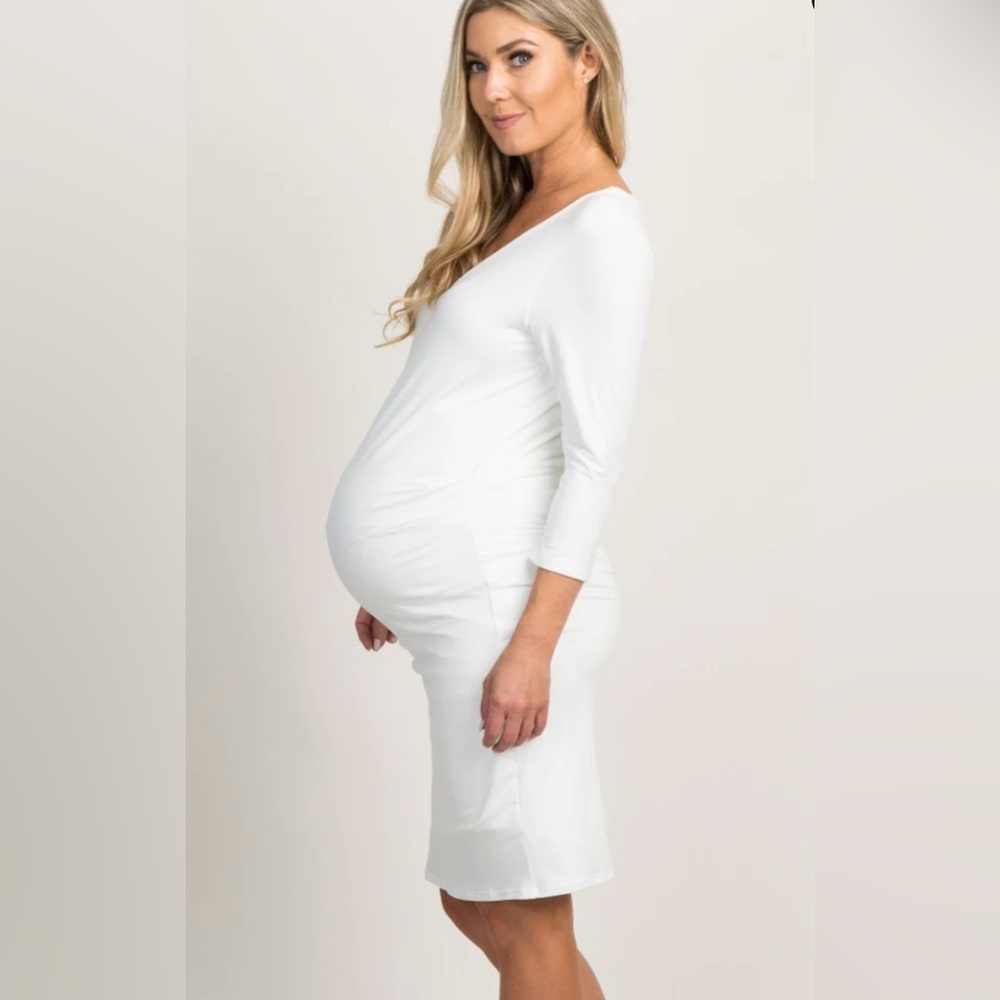 PinkBlush White V-Neck 3/4 Sleeve Maternity Dress